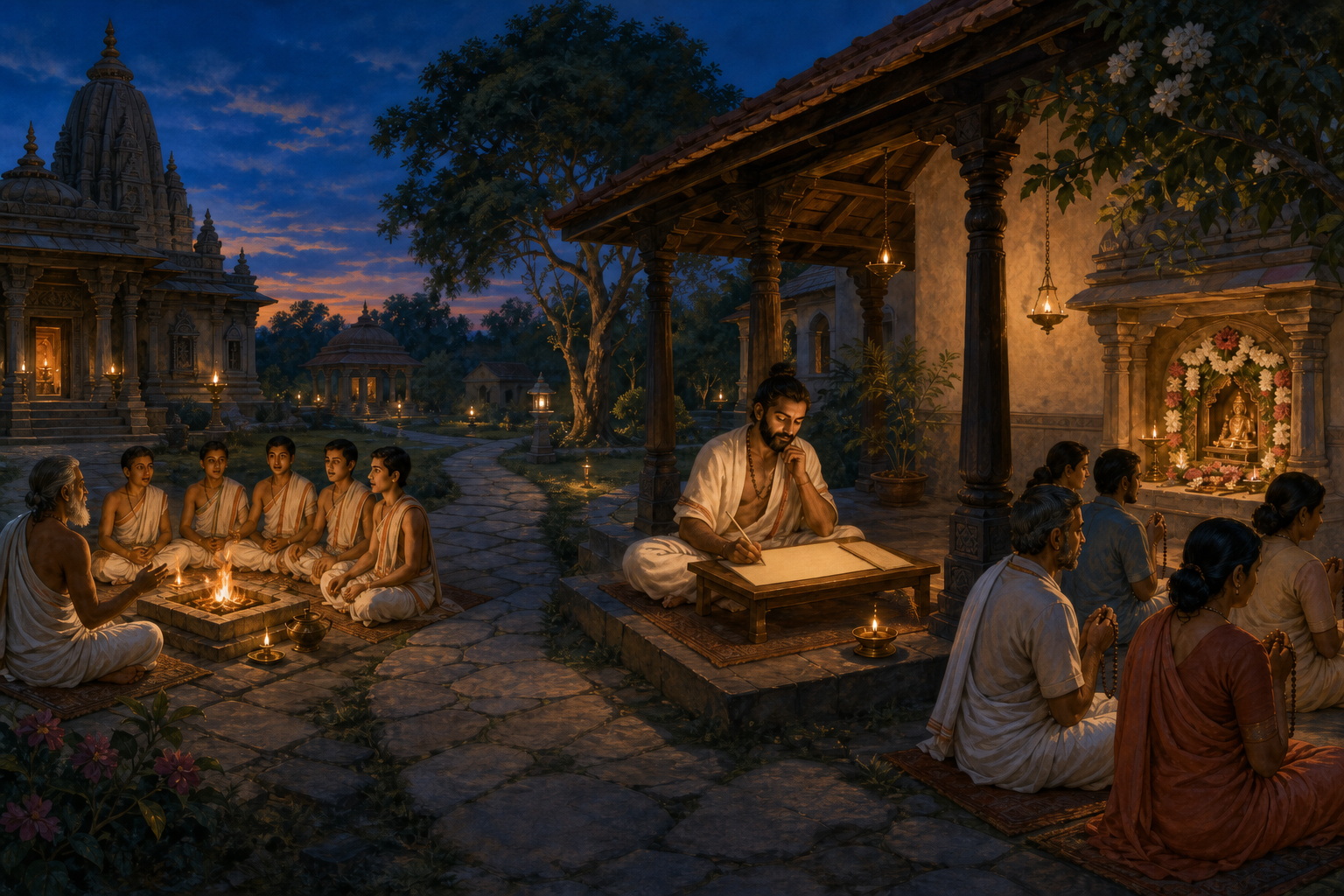 Three connected scenes show oral reciters near a ritual fire, a poet with blank palm leaves, and devotees praying with beads before a shrine.