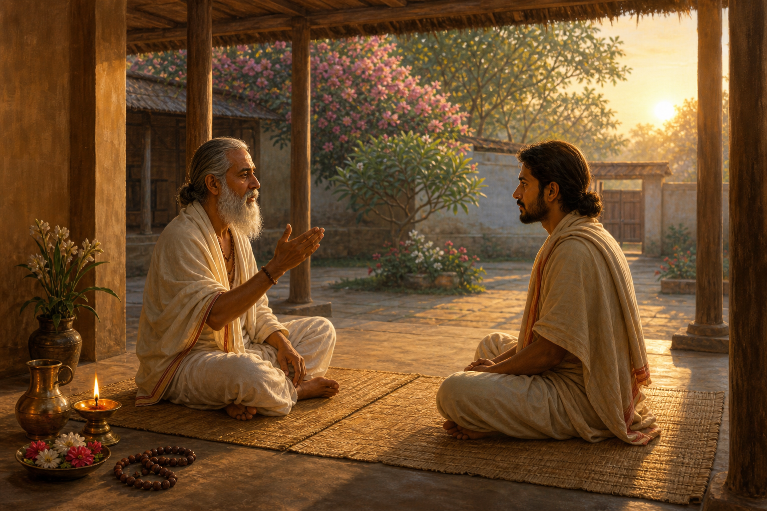 A teacher guides an adult student in careful oral recitation while they sit on woven mats in a quiet ashram courtyard.