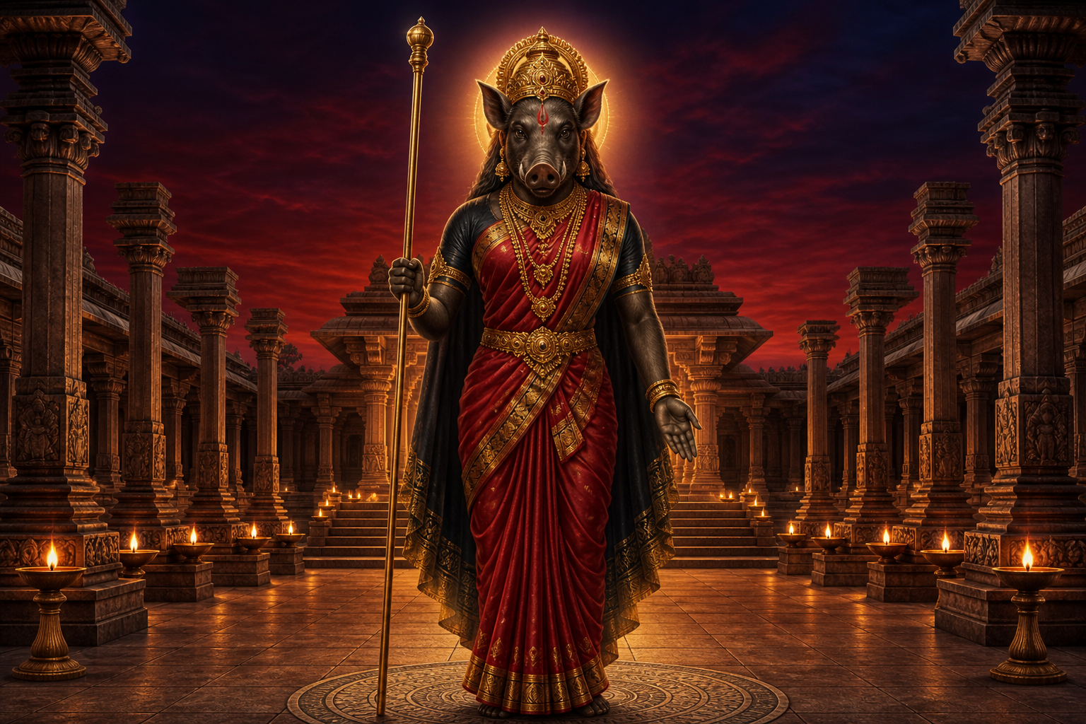 A boar-headed goddess holding a ceremonial staff stands in a symmetrical lamp-lit temple court at twilight.
