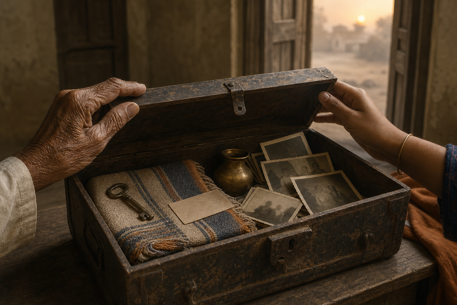 An older hand and a younger hand open a weathered trunk containing family photographs, a house key, cloth, and household keepsakes beside a sunlit doorway.