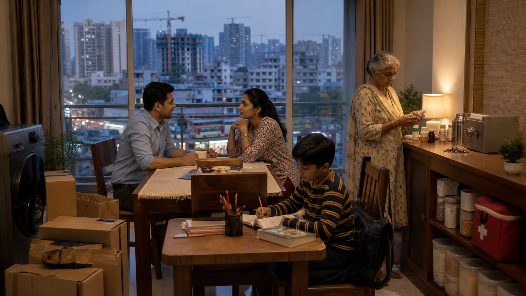 A multigenerational Indian family in an urban apartment sits among school supplies, household provisions, shopping parcels, keys, and a savings box while a growing city fills the view outside.