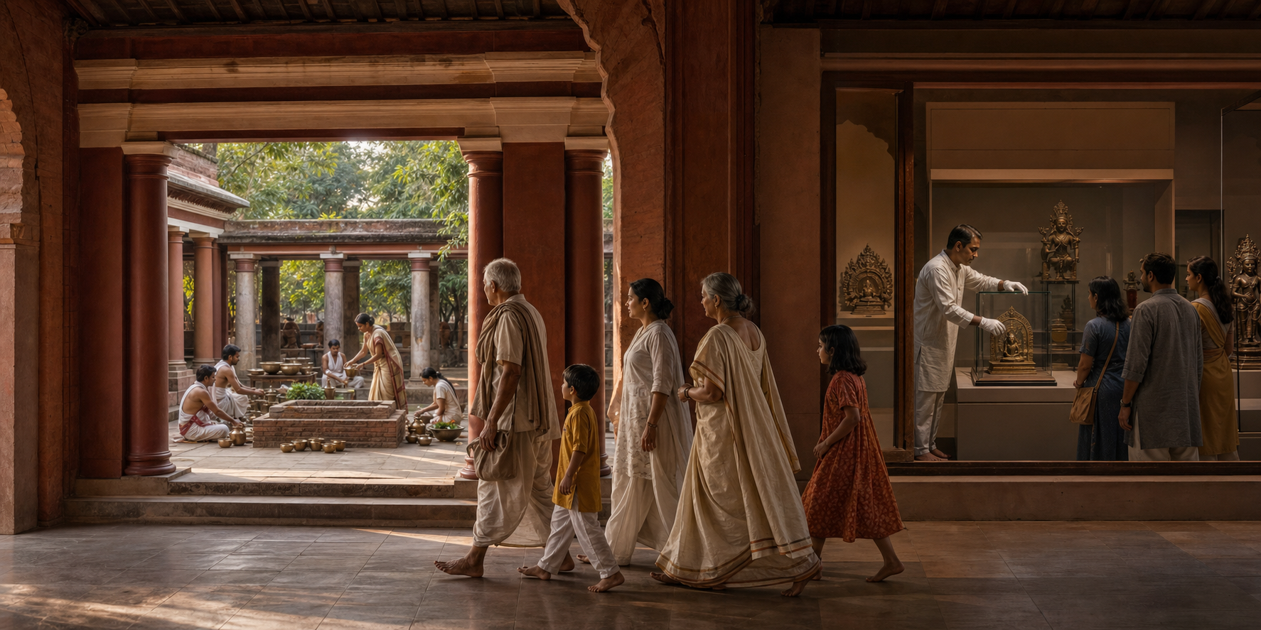 Pilgrims move through a colonnade linking ritual preparation in a pavilion with the preservation of devotional objects in a museum.