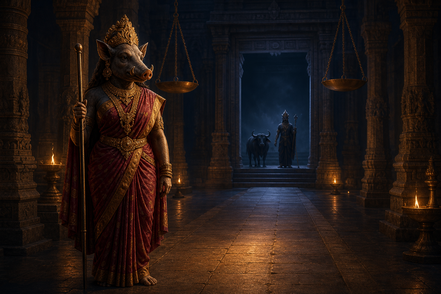 A boar-headed goddess stands before a temple threshold, with a distant guardian and black buffalo in the shadowed hall beyond.