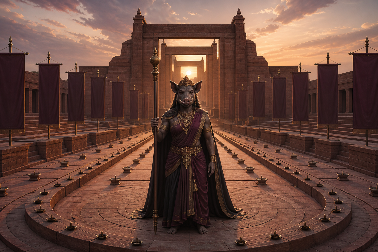 A staff-bearing boar-headed goddess stands amid symmetrical terraces, lamps, gates, and banners in an ordered temple courtyard.