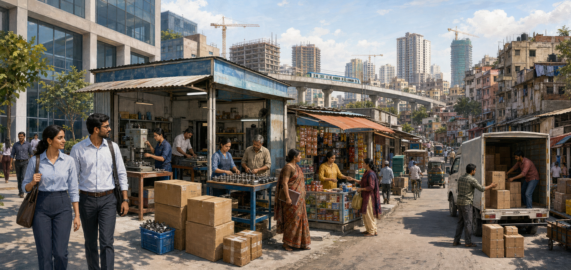 Indian office workers, shop owners, manufacturers, tradespeople, construction crews, housing, and public transit share a panoramic urban scene.