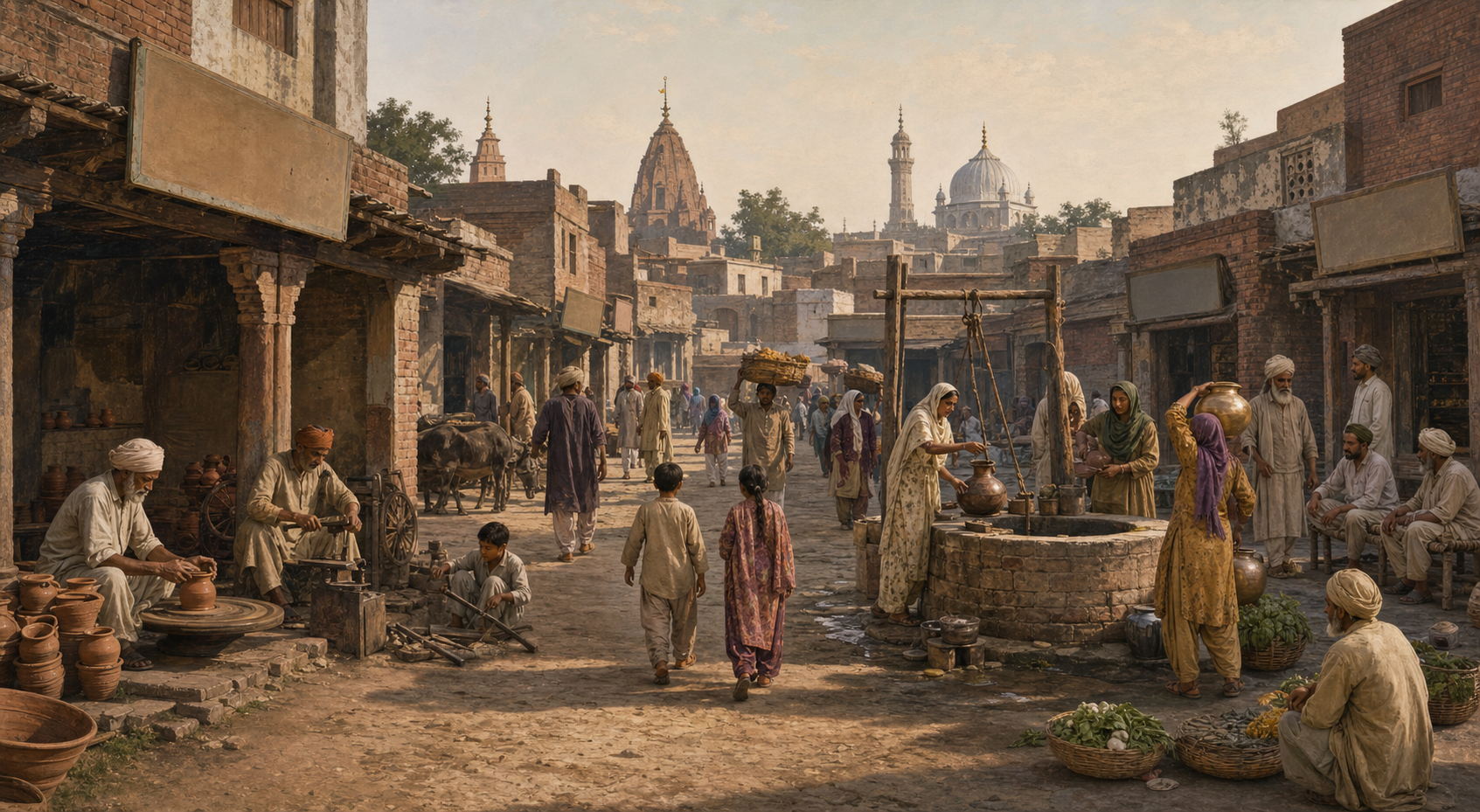 Residents work, trade, carry water, and walk through a late-1930s Punjabi market town with varied places of worship in the distance.