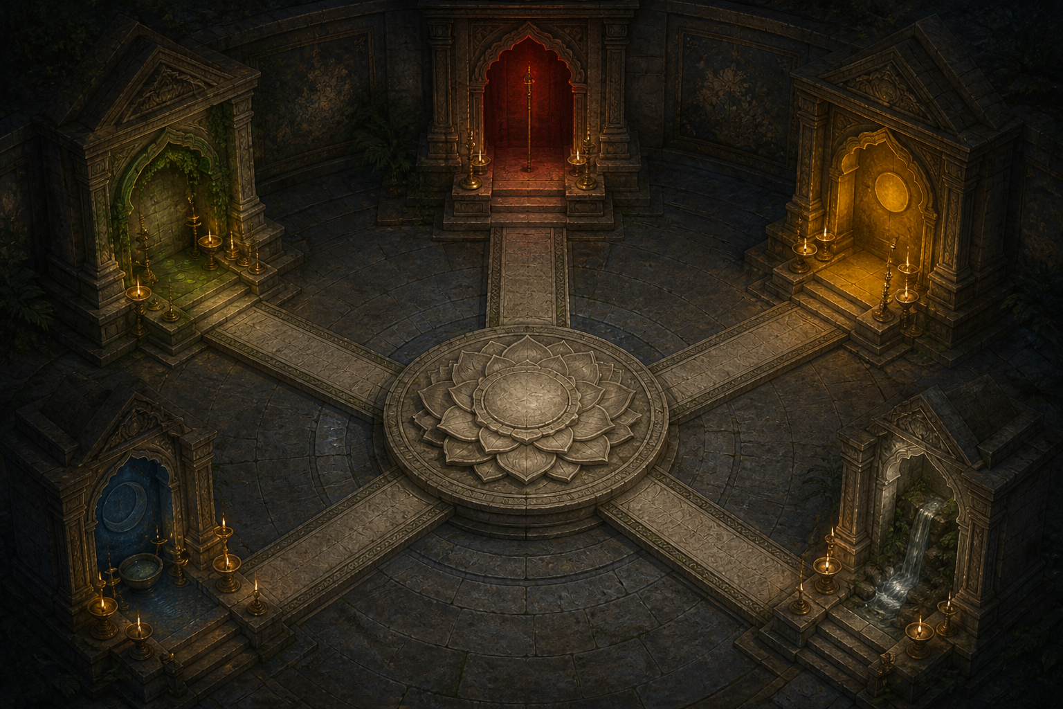 Five distinct lamp-lit shrine alcoves surround a central lotus-shaped stone platform, with separate paths connecting each alcove to the center.