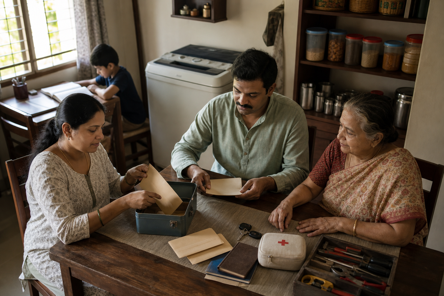 An Indian family organizes savings, keys, medical supplies, repair tools, food stores, and school materials together at a dining table.