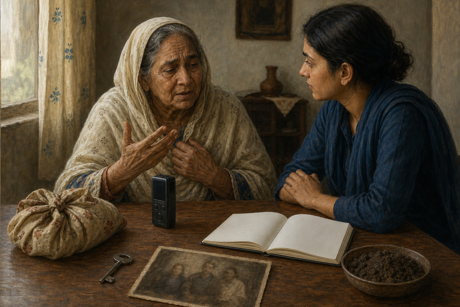 An elderly person shares memories with a younger relative beside an audio recorder, a blank notebook, an old photograph, a key, and a small bowl of soil.