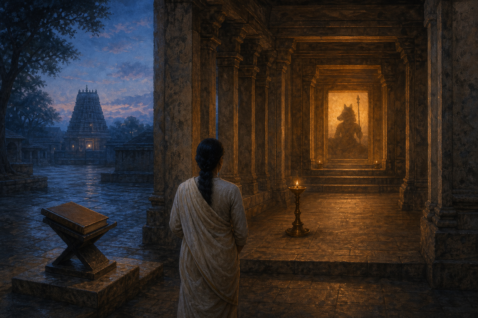 A devotee passes through three temple spaces leading from a study courtyard and a single lamp toward a softly lit goddess sanctum.