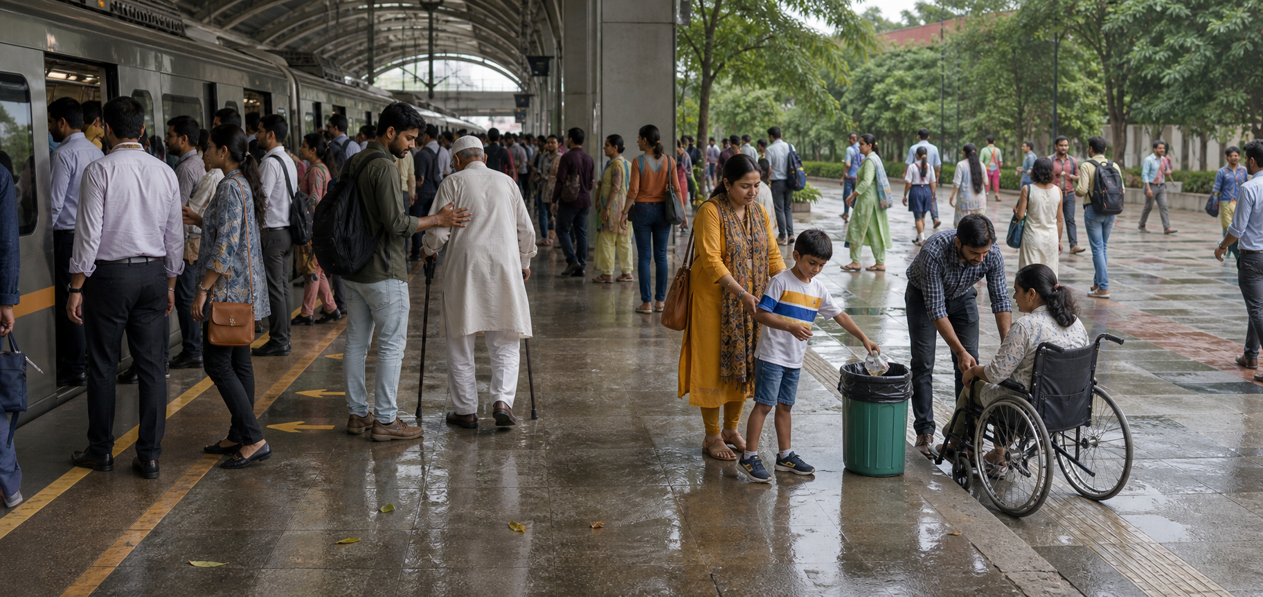 Commuters queue, assist an older passenger and a wheelchair user, dispose of litter, and keep pathways clear in an Indian metro plaza.