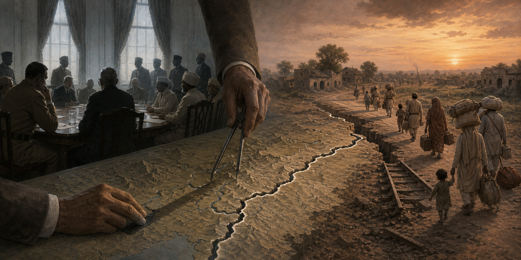 Officials meet around a table as hands draw a boundary on an unlabeled map, which continues into a divided road followed by families carrying their belongings.