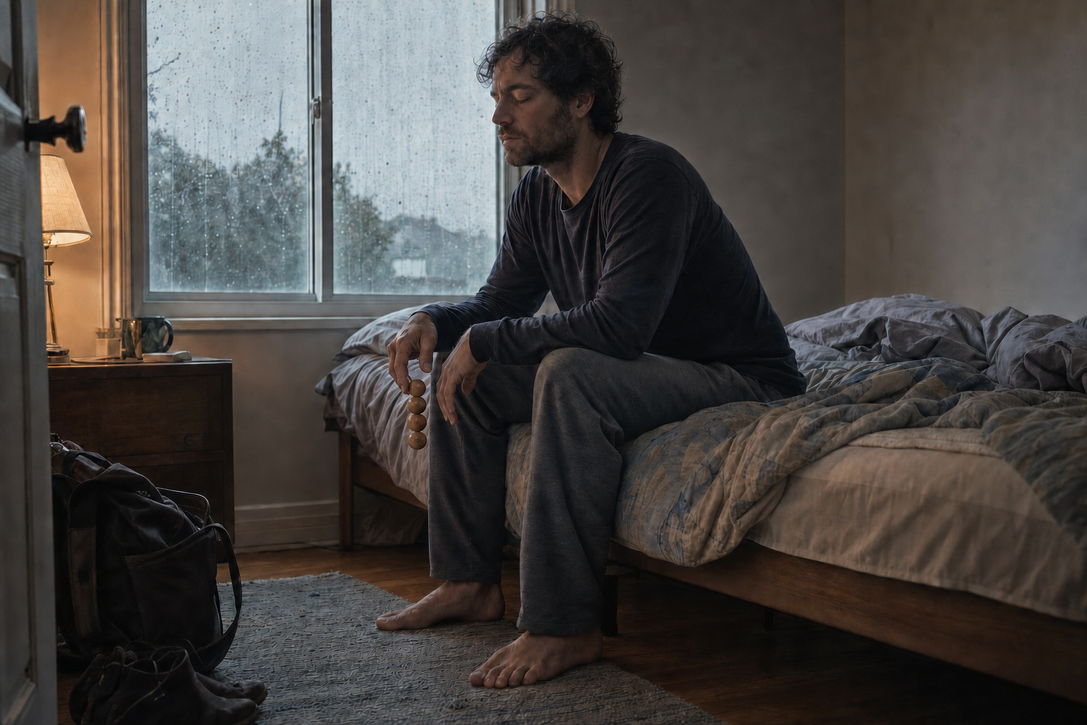 A tired adult sits on the edge of an unmade bed with feet on the floor, holding a few wooden prayer beads beside a rain-streaked window.