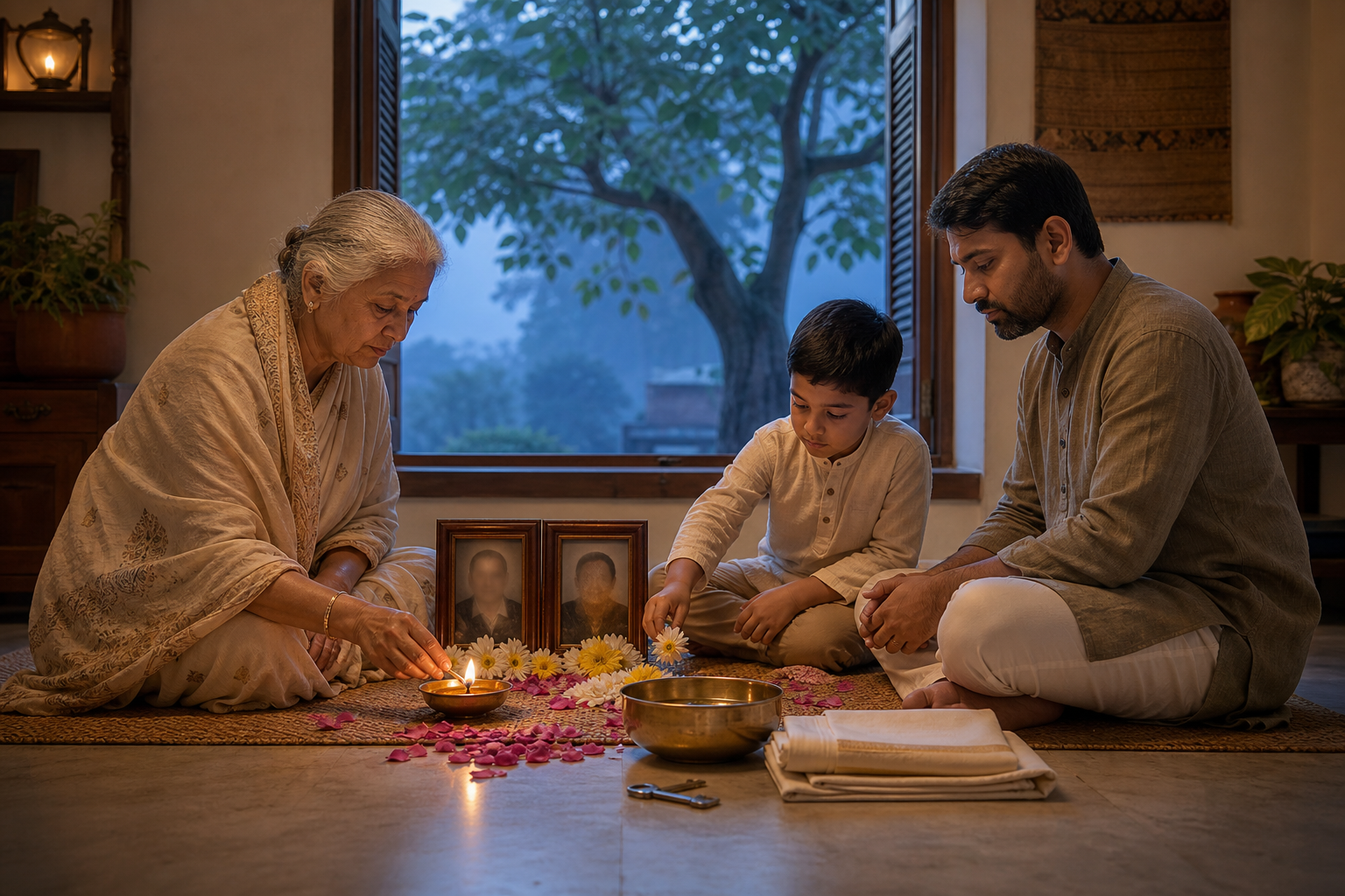 Three generations gather around an oil lamp, water bowl, flowers, family portraits, an old key, and folded cloth during a quiet home remembrance ritual.