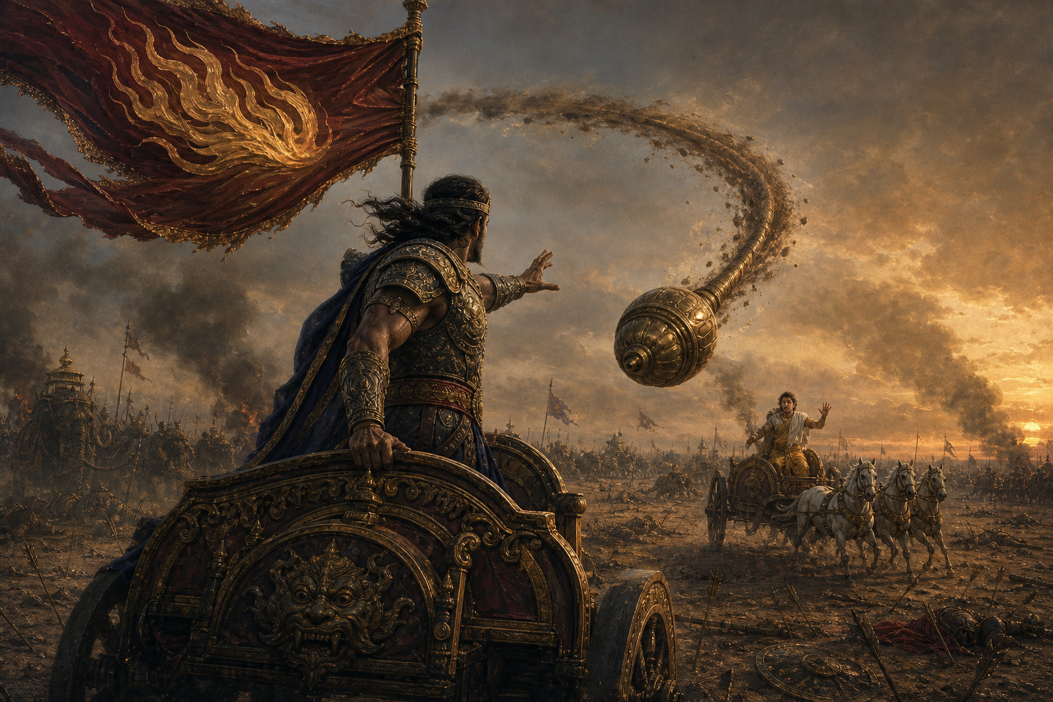 Shrutayudha stands in a battlefield chariot beneath a flame-emblem banner as a thrown mace arcs back toward him.