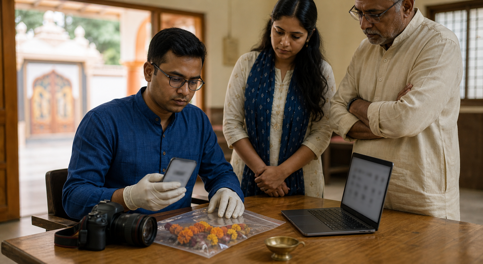 A Hindu community volunteer organizes a phone, camera, and sealed evidence sleeve at a table while two community members stand nearby.