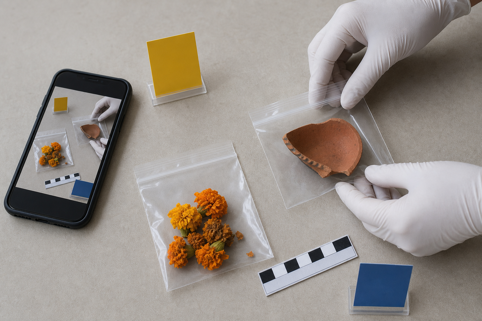 Gloved hands place a broken clay lamp and marigold blossoms into separate evidence sleeves while a phone photographs the items.