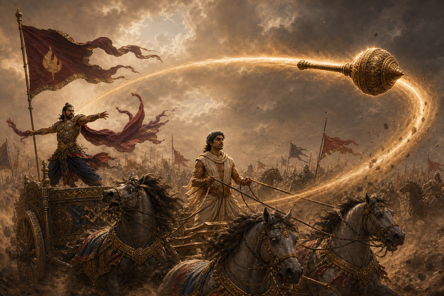Shrutayudha throws a mace at an unarmed charioteer, and the weapon curves back toward its wielder on the battlefield.
