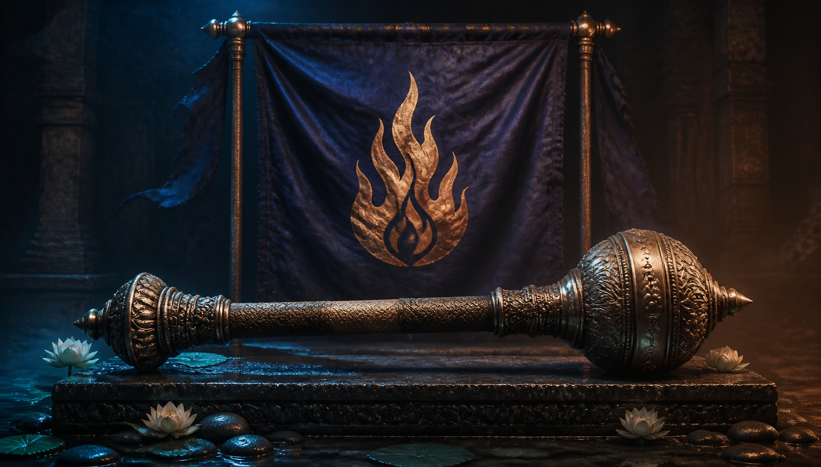 A water-beaded ceremonial mace lies below a flame-emblem battle standard, lit by cool blue and warm amber light.