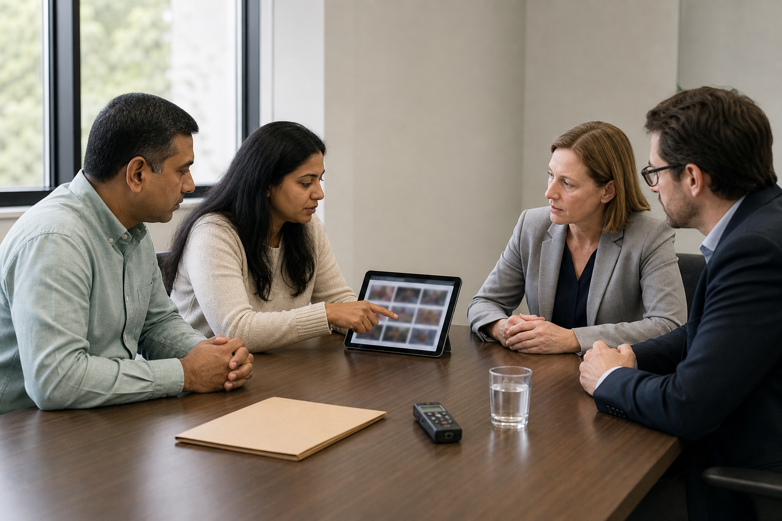 A Hindu community advocate and family member present photographed evidence to two institutional representatives in a meeting room.