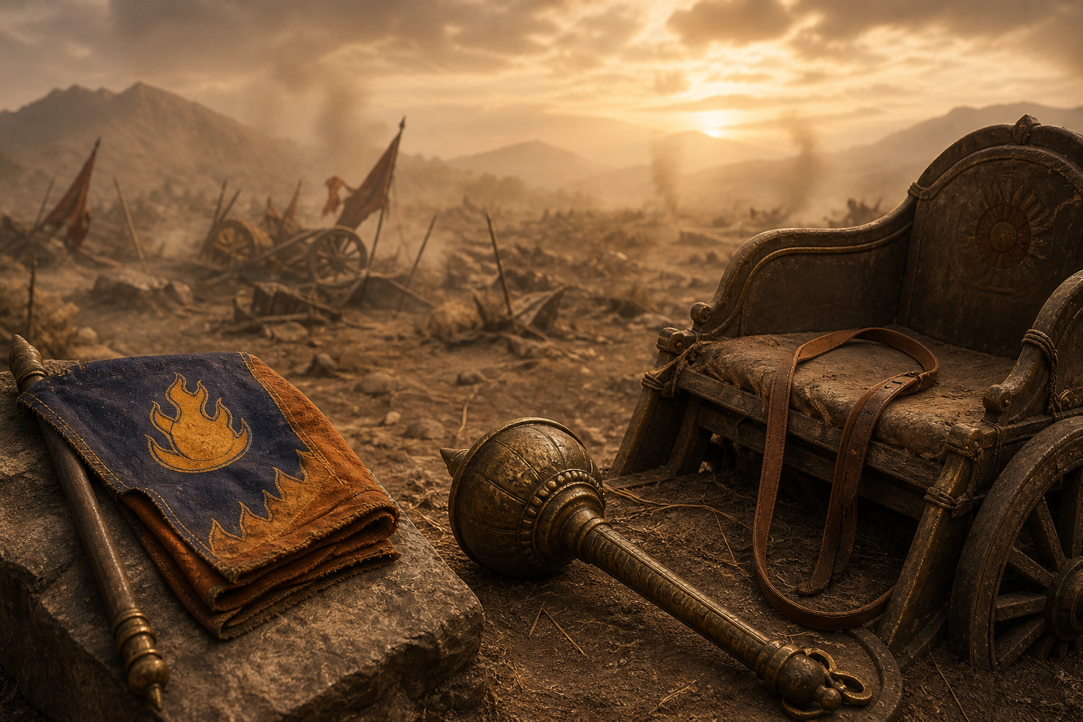 A flame-emblem standard, ceremonial mace, and chariot reins are shown as separate objects against a distant battlefield.
