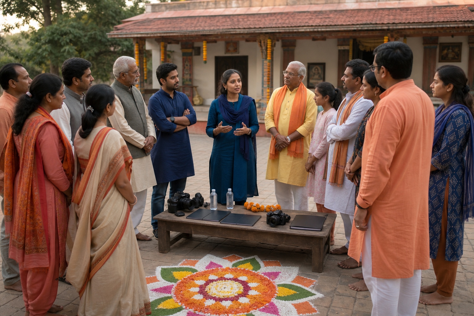 An intergenerational group of Hindu volunteers listens to a woman speaking in a courtyard beside folders, cameras, and marigold decorations.