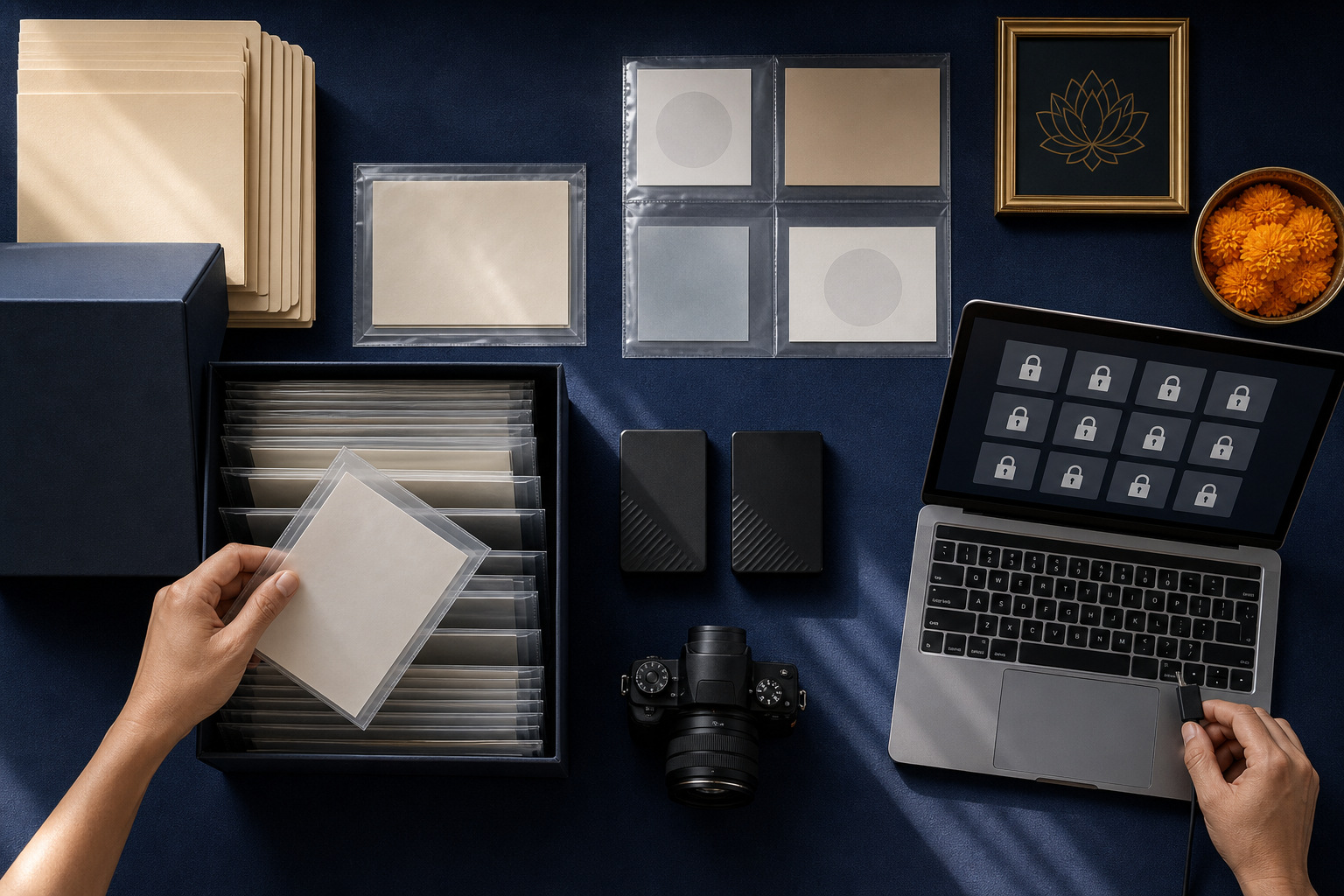 Hands store a sealed evidence sleeve and connect a backup drive beside organized folders, a camera, and a laptop.