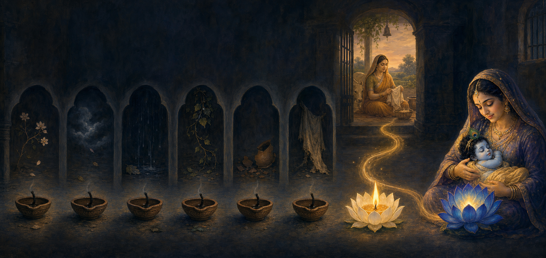 Eight lotus and lamp motifs form a sequence: six extinguished lamps, a seventh light moving toward Rohini, and an eighth blue lotus holding the newborn Krishna beside Devaki.