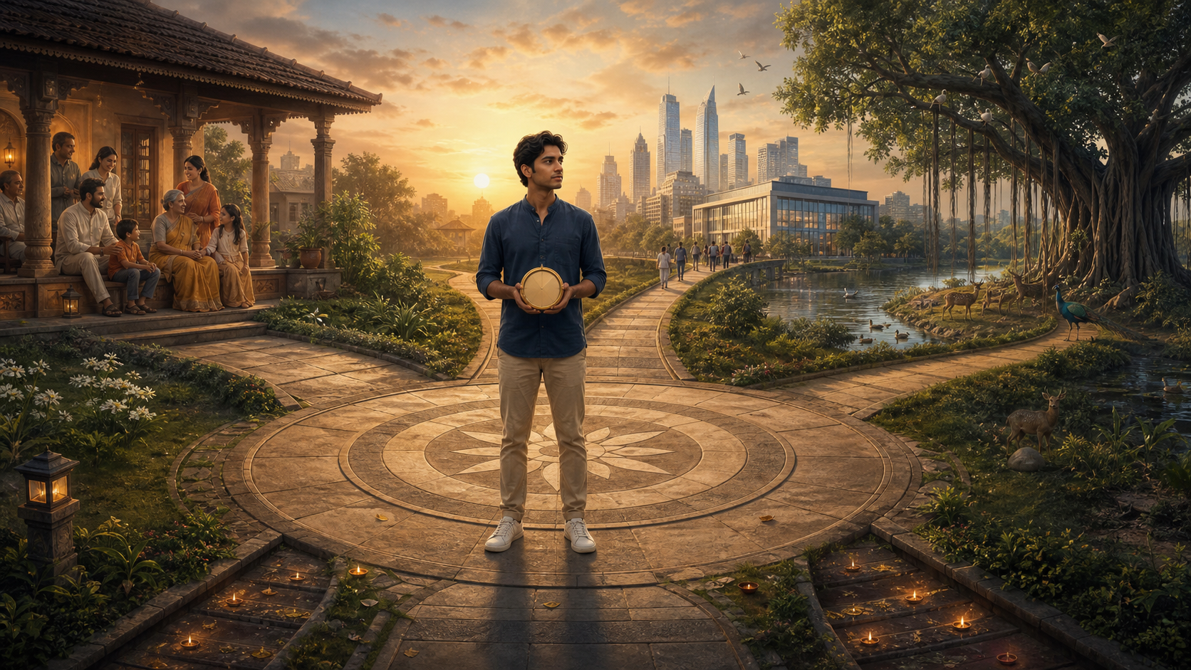A young Indian adult holding a brass compass stands where paths lead toward family, a modern city, nature, and a quiet sanctuary.