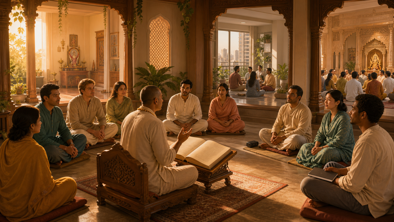 A teacher leads a morning scripture class in a temple hall while devotees listen, with other listening settings subtly visible in the background.