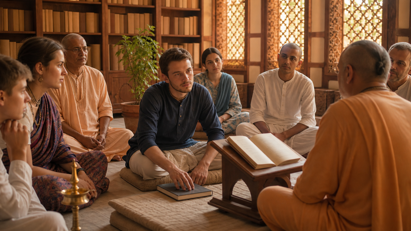A teacher and a diverse group of listeners gather around an open sacred book in a warm temple library.