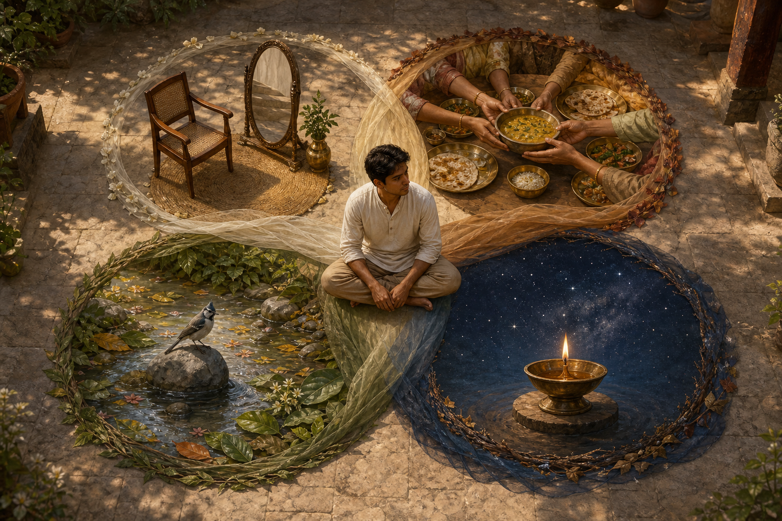 A seated young adult is surrounded by four overlapping circles containing a mirror, a shared bowl, leaves and water, and an oil lamp beneath the sky.