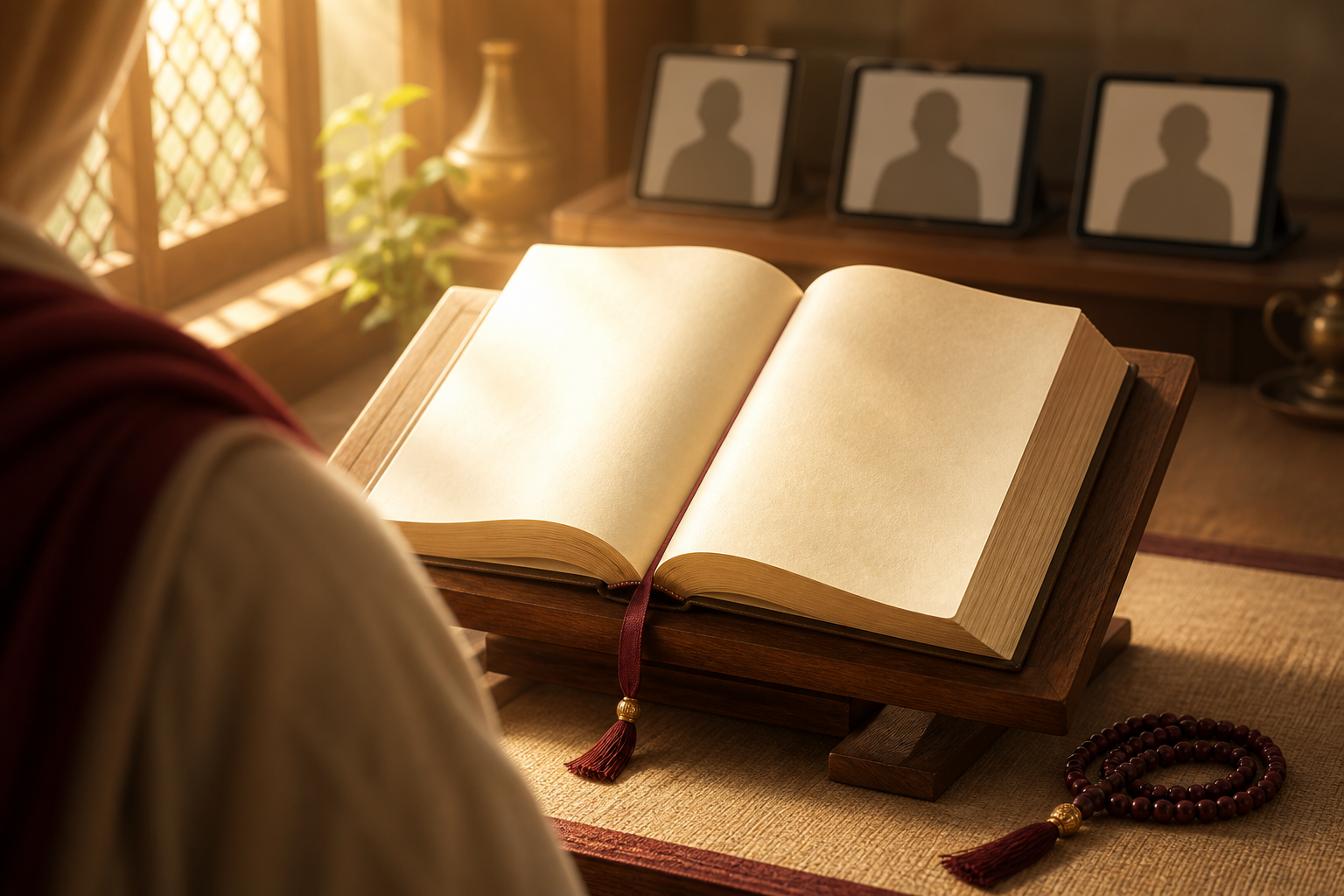 A devotee examines an open sacred book before considering several anonymous recorded speakers shown on a device.