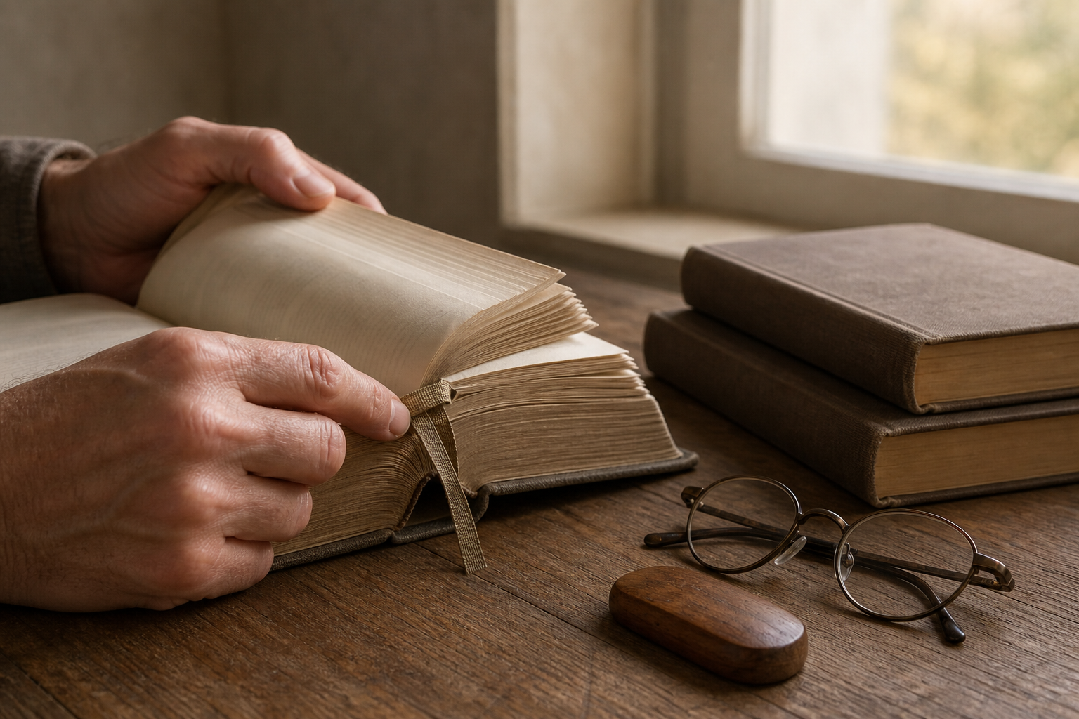 A reader marks a place in a thick clothbound scripture while keeping the surrounding pages open on a wooden table.