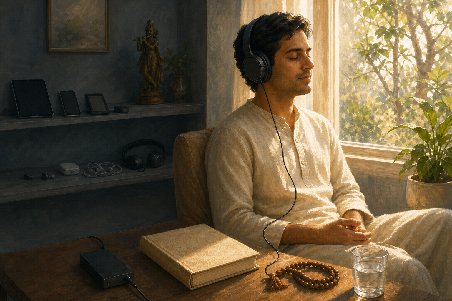 A devotee listens through headphones to one audio device while other devices remain unused on a shelf.