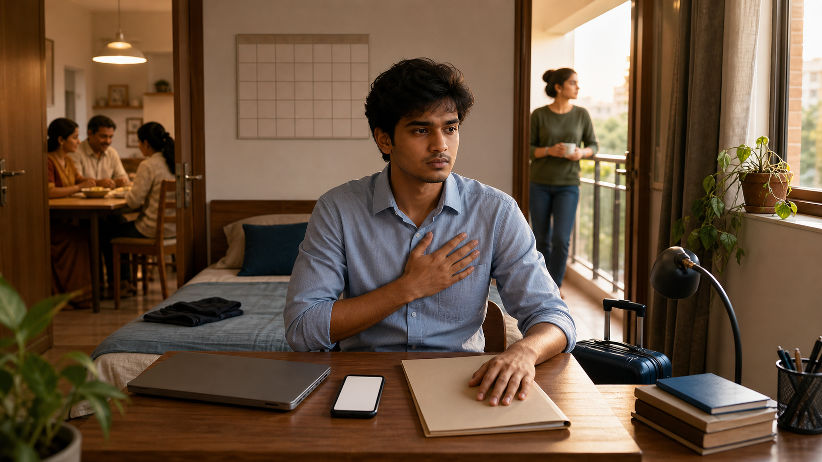 A young Indian adult reflects at a desk while work clothes, luggage, a family meal, a waiting friend, and a leaning plant suggest competing pressures.