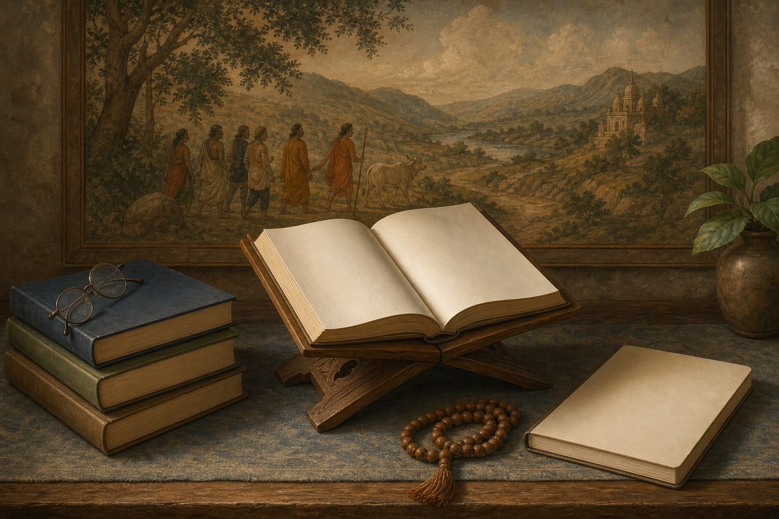 An open sacred book, a small devotional painting, reference volumes, a blank notebook, and prayer beads occupy distinct areas of one study table.