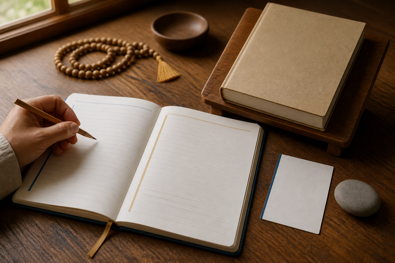A hand holds a pencil over a blank notebook divided into two color-coded sections beside a sacred book and prayer beads.