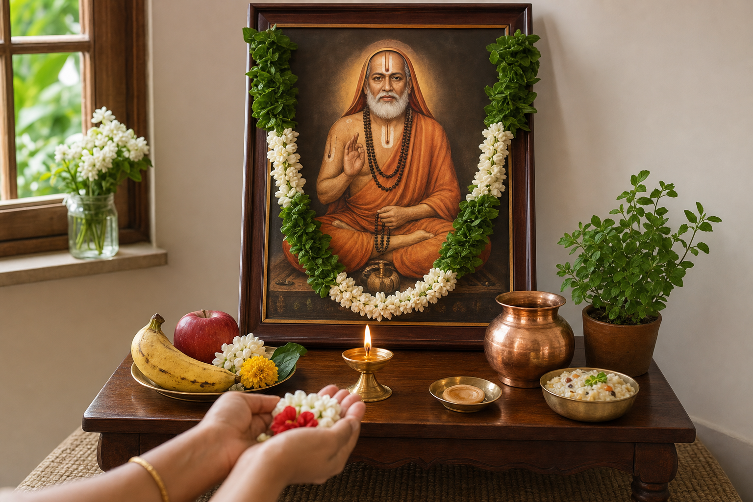 A simple home altar with a devotional portrait, tulsi and jasmine, a lit lamp, water, fruit, flowers, and a devotee offering blossoms.