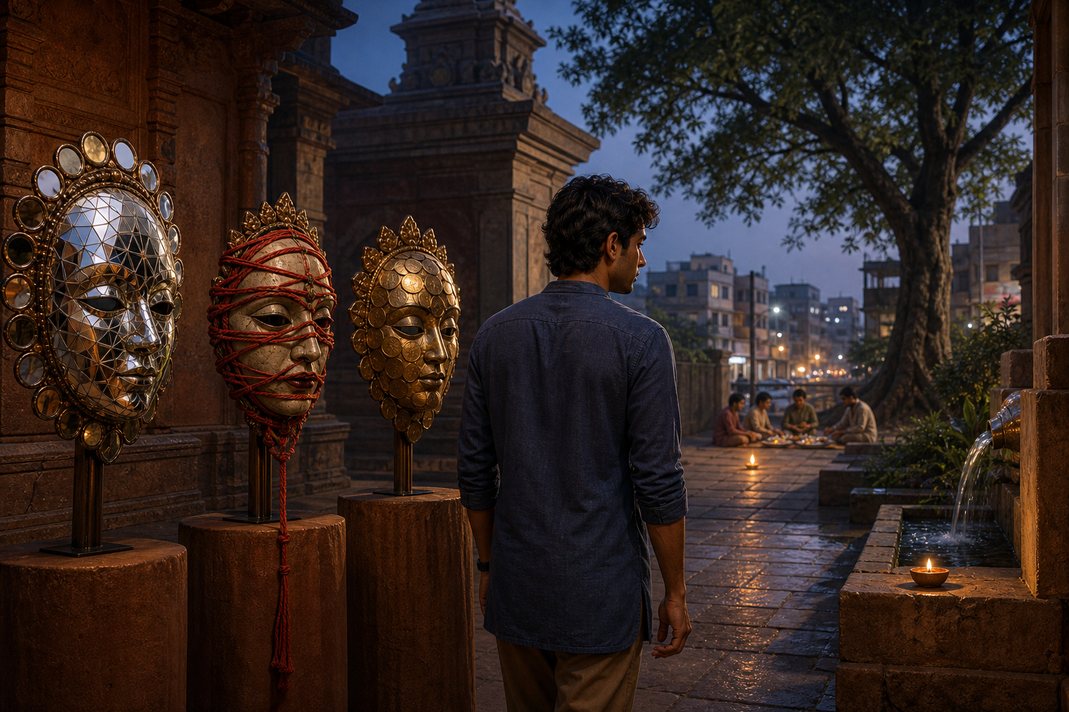A young Indian adult turns from ornate masks associated with mirrors, cords, and coins toward a quiet path with a tree, shared meal, flowing water, and lamp.