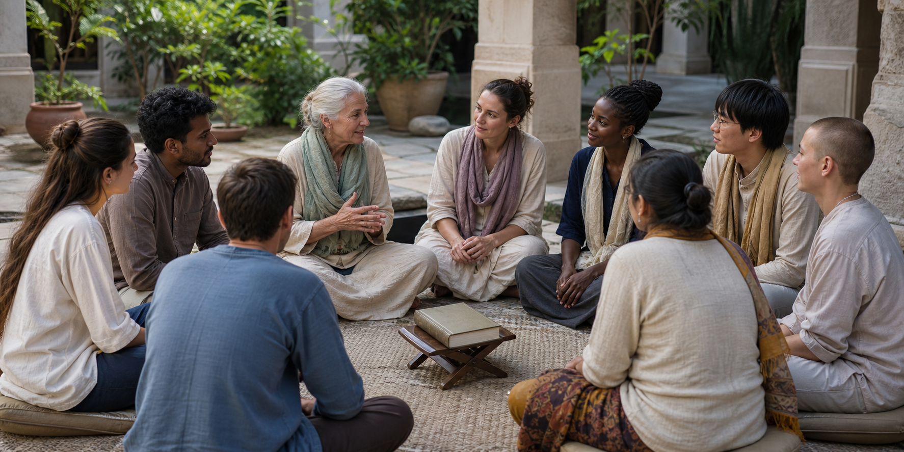 Devotees of different ages and backgrounds discuss a sacred book together in a shaded temple courtyard.