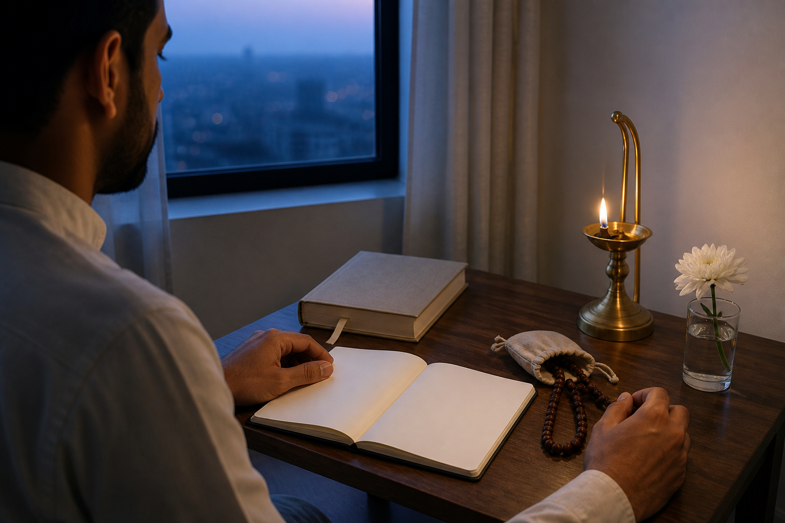 A practitioner sits at a low desk before dawn with a clothbound scripture, blank notebook, prayer beads, lamp, and flower.
