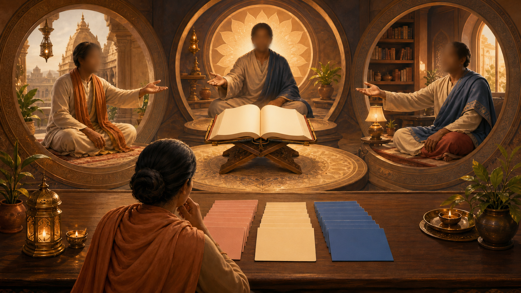Three anonymous teachers direct attention toward one central sacred book while a listener compares equal sets of blank notes.