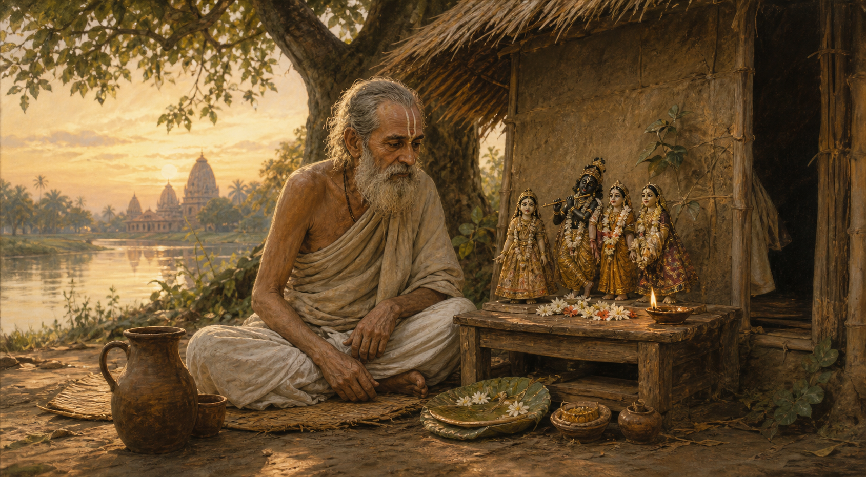 An elderly Bengali Vaishnava ascetic sits beside a thatched hut and looks toward small Deity forms on a low wooden shrine at dawn.