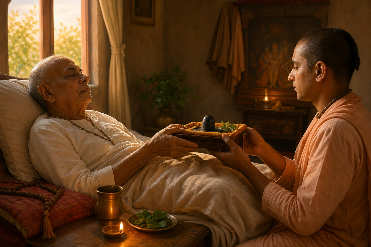 An elderly Vaishnava devotee rests beside a younger devotee who receives a small altar holding a dark sacred stone, with prayer beads, tulasi leaves, and an oil lamp nearby.