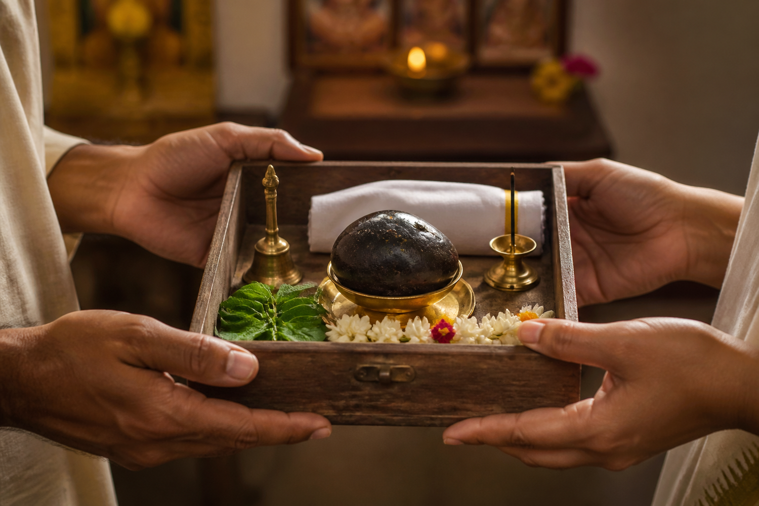 Two devotees' hands carefully transfer a small wooden worship box containing a dark sacred stone, tulasi leaves, a brass bell, folded cloth, and flowers.