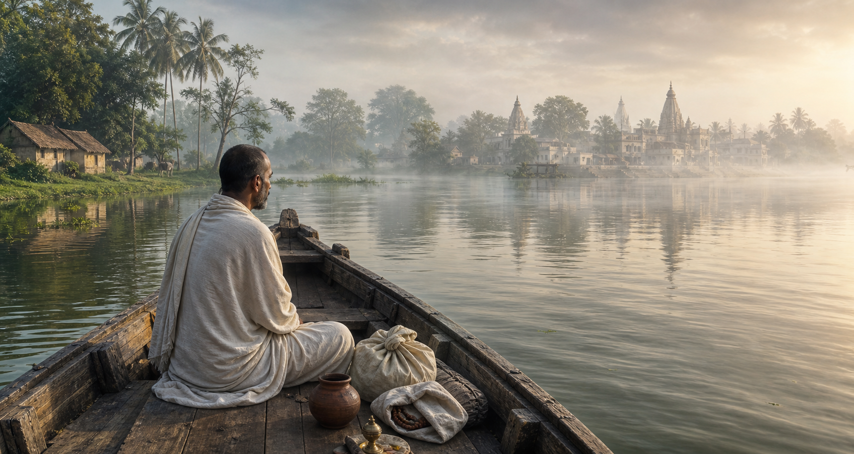 A Bengali renunciant carrying a small bundle and clay water pot crosses a broad river by wooden ferry toward distant temple spires.