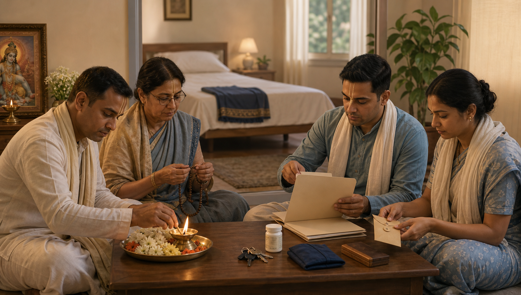 Vaishnava community members pray and organize practical belongings at a low table beside an empty, neatly made bed.