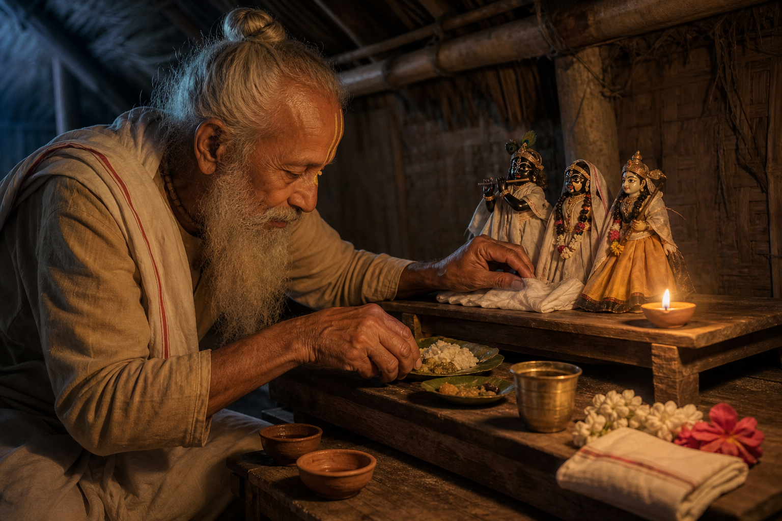 An elderly Vaishnava ascetic places a simple meal before small Deity forms inside a sparsely furnished thatched hut.