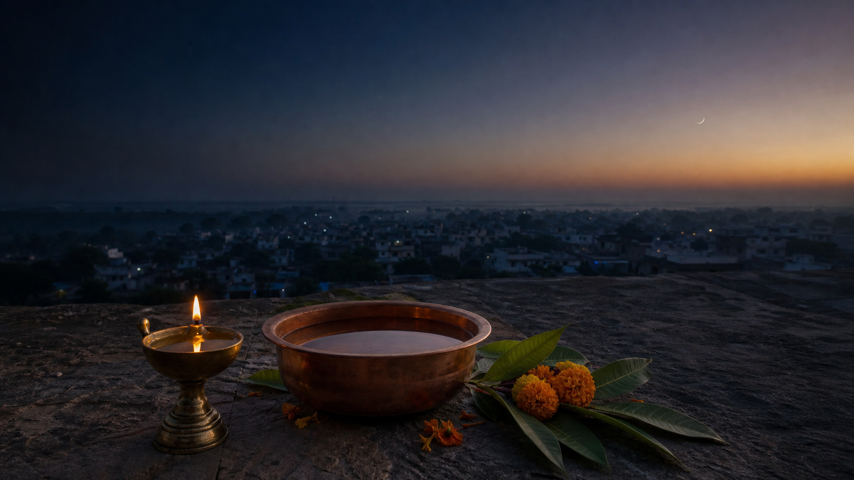 A brass oil lamp and ritual vessels sit beneath a dark predawn sky with a faint waxing crescent moon.